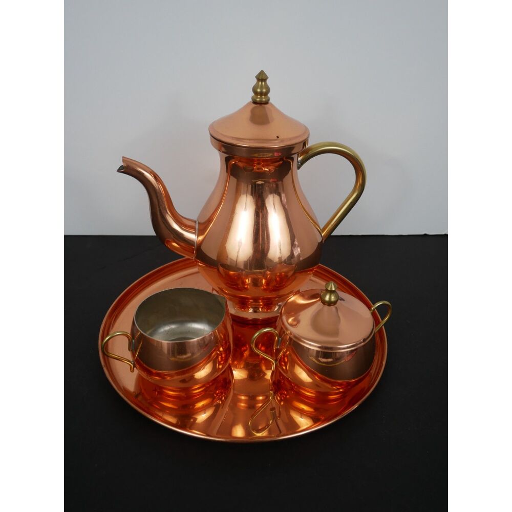 Vintage Copper Coffee Tea Set Pot Creamer Sugar Bowl Tray Brass Handles